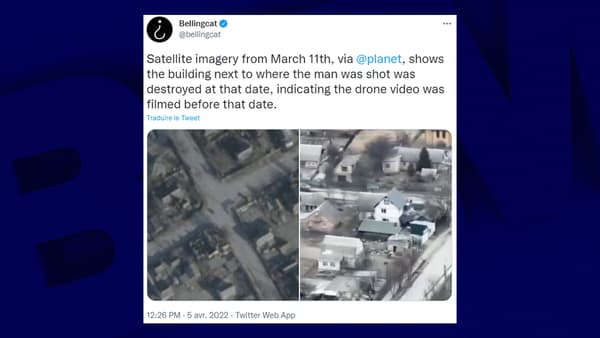 Un tweet daté du 5 avril et publié par le média Bellingcat qui dénonce un crime de guerre de la Russie à Boutcha, en Ukraine