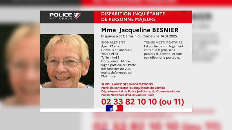 La police de l’Orne a lancé un appel à témoins, ce lundi 3 février, après la disparition inquiétante de Jacqueline Besnier, 77 ans.  
