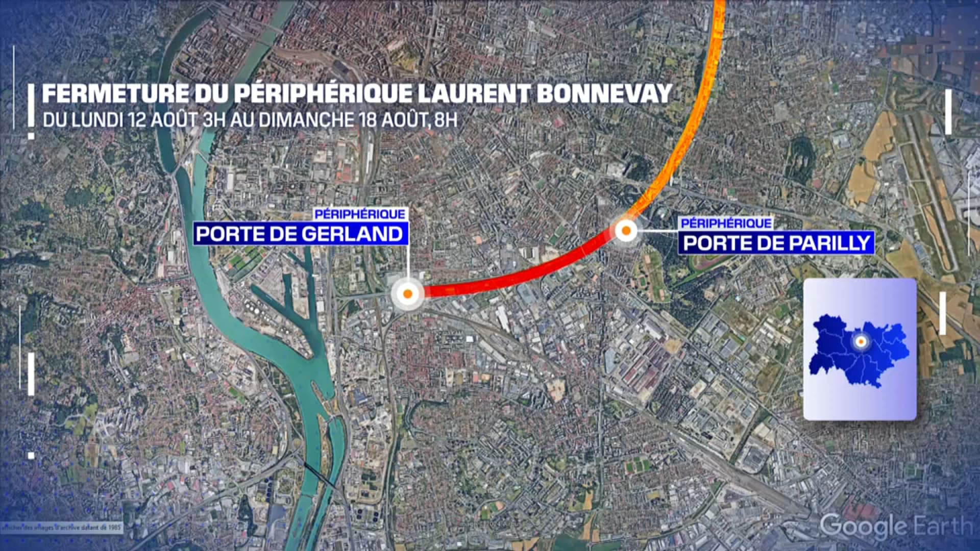 À Lyon, le périphérique sera fermé six jours dès le 12 août 2024. Il ne sera plus possible d'emprunter le boulevard Laurent Bonnevay, entre la porte de Bron/Parilly et celle de Lyon Gerland. À Lyon, le périphérique sera fermé six jours dès le 12 août 2024. Il ne sera plus possible d'emprunter le boulevard Laurent Bonnevay, entre la porte de Bron/Parilly et celle de Lyon Gerland.