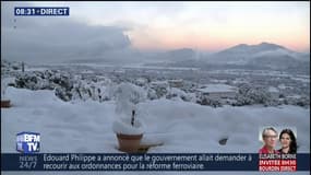 En Corse, la baie d'Ajaccio se réveille sous la neige ce matin