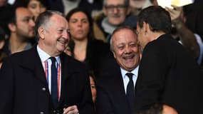 Jean-Michel Aulas, le président de l'OL, avec Bernard Lacombe et Nicolas Sarkozy