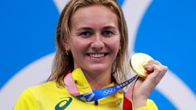 La joie de l'Australienne Ariarne Titmus, championne olympique, après avoir remporté la finale du 200 m nage libre aux Jeux de Tokyo 2020, le 28 juillet 2021