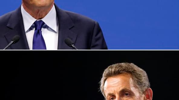 François Hollande battrait Nicolas Sarkozy par 53% des voix contre 47% au second tour de l'élection présidentielle dimanche, selon un sondage Harris Interactive pour VSD et LCP-Assemblée nationale diffusé jeudi. /Photos d'archives/REUTERS