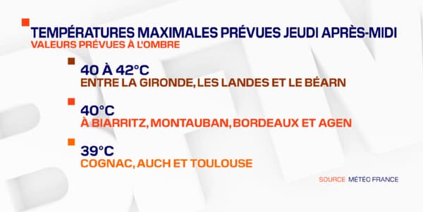 Les températures maximales attendues jeudi. Les températures maximales attendues jeudi.