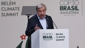 Le Secrétaire général de l’ONU, António Guterres, au Sommet de Belém sur le climat, dans le cadre de la COP30, le 6 novembre 2025 à Belém au Brésil. 