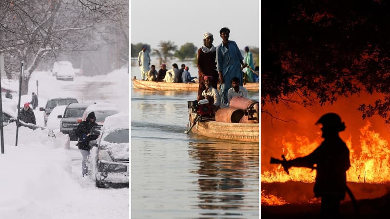 De gauche à droite: le blizzard à Lackawanna (New-York, États-Unis) le 27 décembre / des rescapés d'une inondation à Dadu (Pakistan) le 27 octobre / un pompier dans un incendie à Saumos (Gironde, France) le 12 septembre.