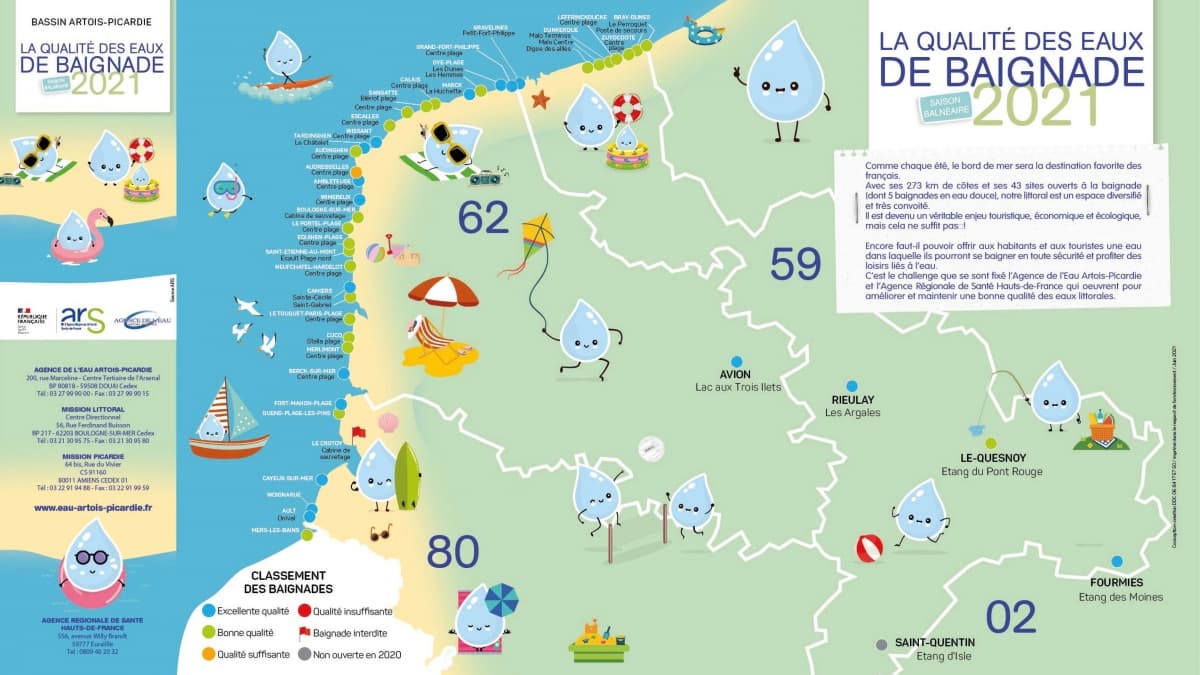 La carte annuelle de la qualité des eaux de baignade dans les Hauts-de-France. La carte annuelle de la qualité des eaux de baignade dans les Hauts-de-France.