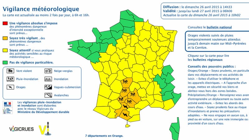 Sept départements sont placés en vigilance orange "orages et pluie-inondation".
