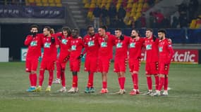 Les joueurs du Mans, le 14 janvier 2025, pendant la séance de tirs au but face à Valenciennes, au stade Marie-Marvingt