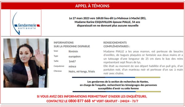 Appel à témoins pour la disparition de Karine Esquivillon, 54 ans, en Vendée Appel à témoins pour la disparition de Karine Esquivillon, 54 ans, en Vendée