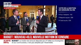 49.3 sur le volet dépenses du budget: "Nous allons déposer notre propre motion de censure et nous voterons toute motion de censure, d'où qu'elle vienne", assure le porte-parole du RN