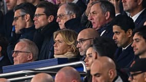 Valérie Pécresse et Nasser Al-Khelaïfi lors de PSG-Aston Villa (3-1, Ligue des champions), le 9 avril 2025