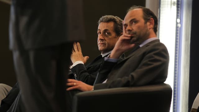 Nicolas Sarkozy et Edouard Philippe, bras droit d'Alain Juppé, lors d'une réunion publique au Havre, mardi soir.