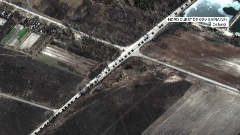 Des images satellitaires prises lundi 28 février en Ukraine montrent un immense convoi militaire russe qui s'étire sur plus de 60 kilomètres au nord-ouest de la capitale Kiev.
