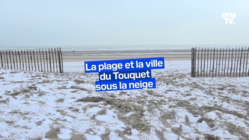 La plage et la ville du Touquet recouvertes d'une pellicule de neige
