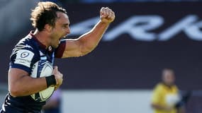 L'arrière de Bordeaux-Bègles Nans Ducuing après avoir inscrit un essai contre Bristol, le 4 avril 2021 au stade Chaban-Delmas