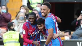 Dembélé, Pedri et Aubameyang lors de la victoire du Barça face à Valence.