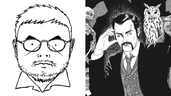 Autoportrait du mangaka Suehiro Maruo et un personnage de son manga "Tomino la maudite" Autoportrait du mangaka Suehiro Maruo et un personnage de son manga "Tomino la maudite"