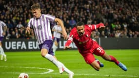 Thijs Dallinga lors de Liverpool-Toulouse (3-2, Ligue Europa), le 9 novembre 2023