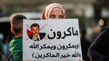 Manifestation d'Arabes israéliens musulmans, le 25 octobre 2020 à Umm-Al Fahem (nord d'Israël) après les propos du président français Emmanuel Macron sur l'islam qui ont suscité critiques, manifestations et même appels au boycott des produits français