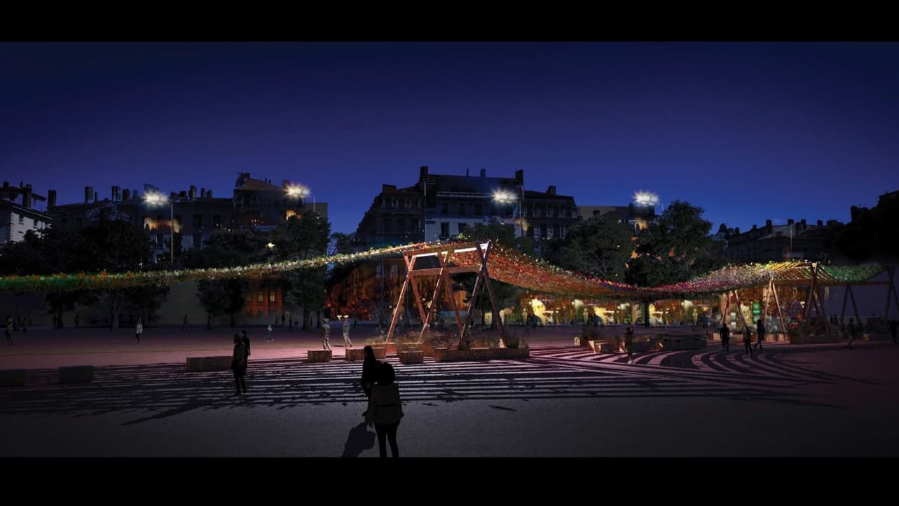 Les grandes arches reliées entre elles par des voilages permettront de faire de 'l'ombre sur la place Bellecour.