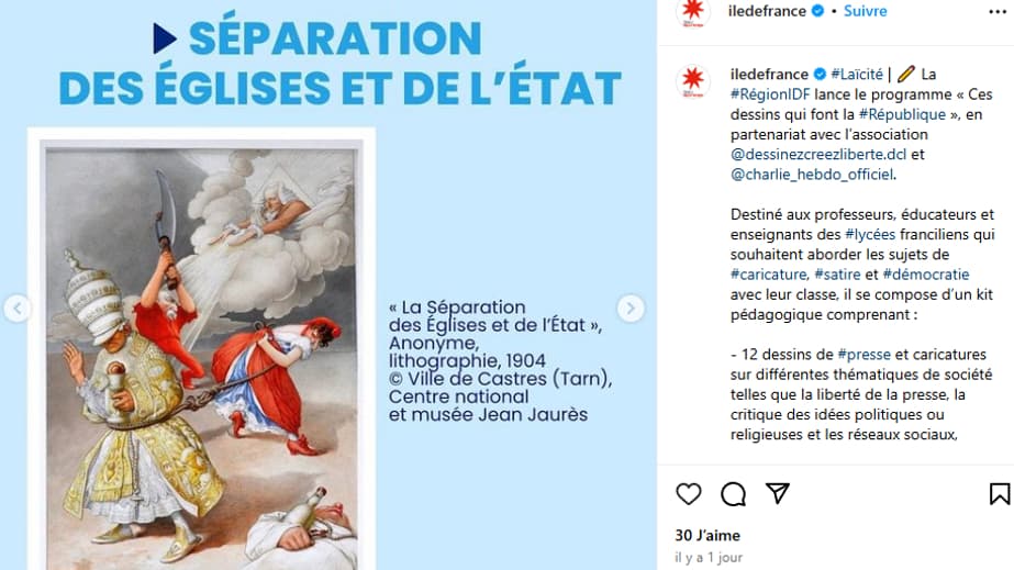 Lithographie de 1904 sur la séparation des Eglises et de l'Etat.