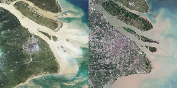 Aerial view of the city of Shanghai in 1984 and 2019, captured by Landsat