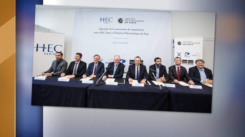 La photo a été prise lors de l'annonce d'une alliance entre HEC Paris et l'école Polytechnique.