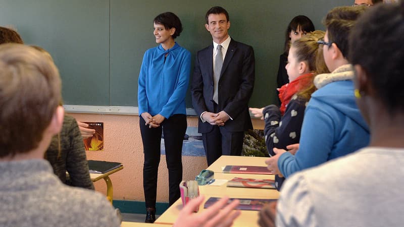 Najat Vallaud-Belkacem et Manuel Valls en visite au collège Lamartine, à Soissons, en mars 2015.