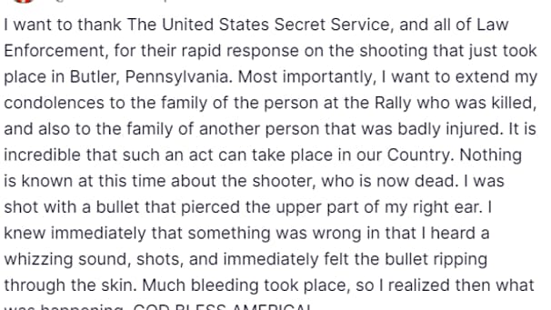 Capture d'écran du post de Donald Trump sur son réseau social Truth