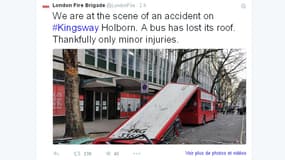 Le toit d'un bus londonien de la ligne 91 a été arraché blessant cinq personnes