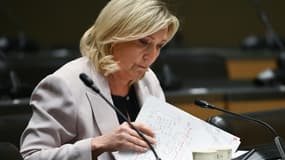 L'ancienne présidente du Rassemblement national, Marine Le Pen, le 24 mai 2023 à l'Assemblée nationale, à Paris
