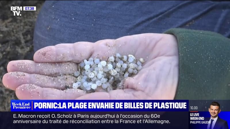 À Pornic, des bénévoles s'affairent à ramasser des milliers de billes en plastique échouées sur la plage