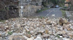 Une photo de la route jonchée de débris après l'éboulement.