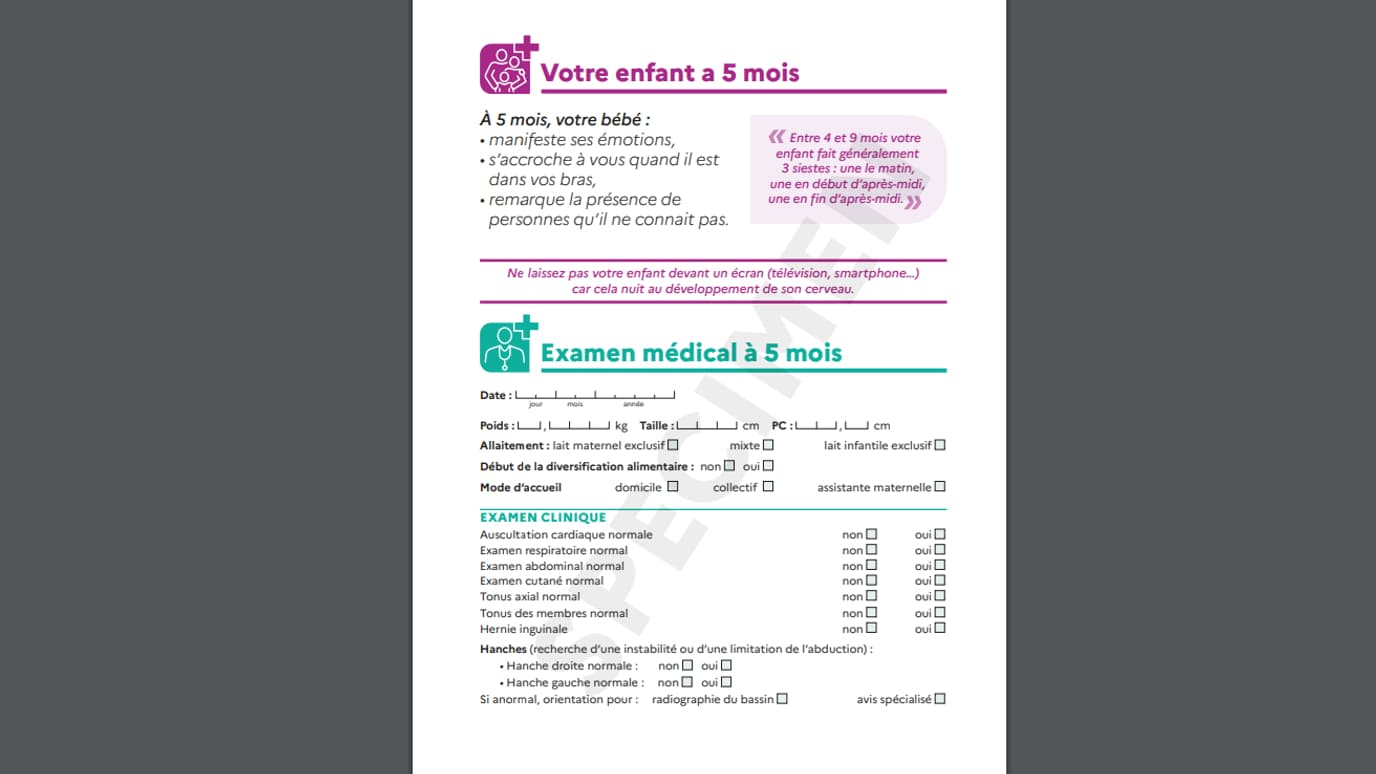 Screenshot of one of the pages of the new medical record dedicated to the examination of the child at 5 months on the Ameli.fr site Screenshot of one of the pages of the new medical record dedicated to the examination of the child at 5 months on the Ameli.fr site