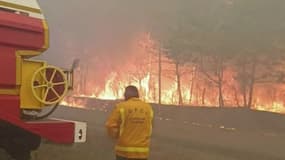 Un pompier face au feu en Gironde, le 12 juillet 2022. 