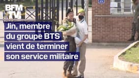 Jin, membre du groupe de K-Pop BTS, accueilli par ses fans alors qu'il vient de terminer son service militaire 