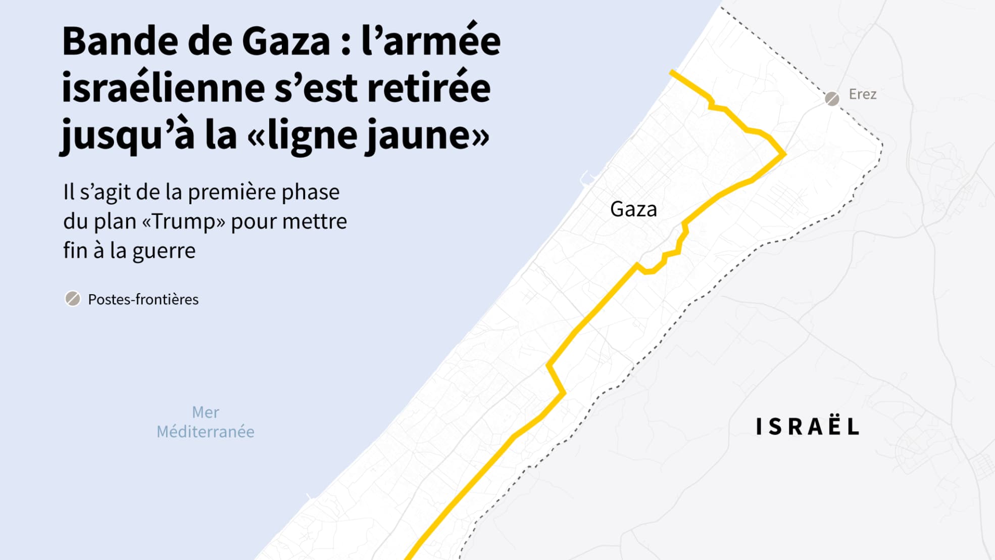 Carte de la bande de Gaza montrant la "ligne jaune" derrière laquelle se sont retirées le 10 octobre les troupes israéliennes. Carte de la bande de Gaza montrant la "ligne jaune" derrière laquelle se sont retirées le 10 octobre les troupes israéliennes.