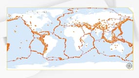 Limites des plaques tectoniques et répartition mondiale des séismes de magnitude supérieure à 4 en 2017