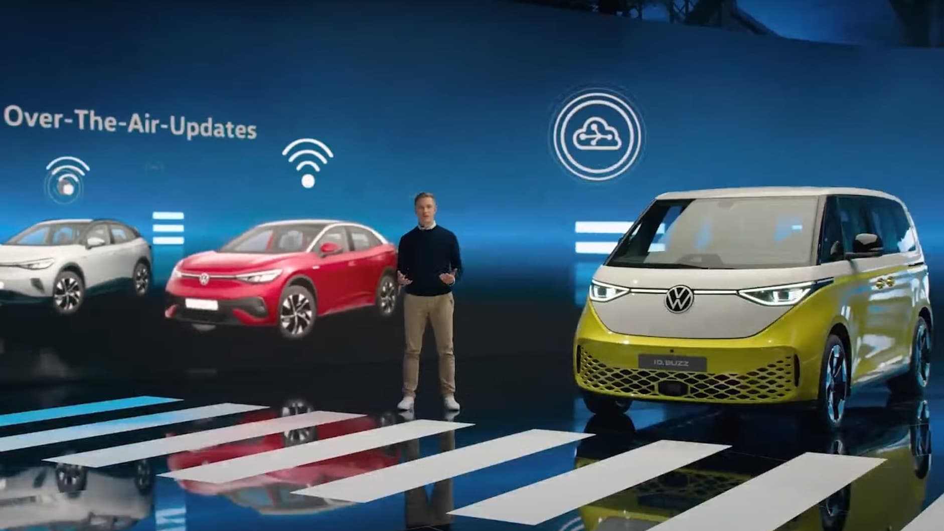La gamme ID de Volkswagen, avec à droite en jaune, le nouveau modèle ID.Buzz.