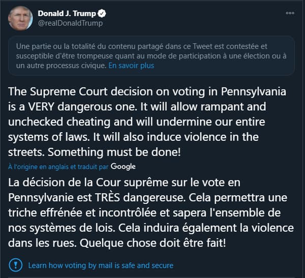 Le tweet de Donald Trump signalé comme trompeur par la plateforme Le tweet de Donald Trump signalé comme trompeur par la plateforme