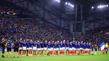 Le XV de France avant son match de Coupe du monde face à la Namibie, le 21 septembre 2023.