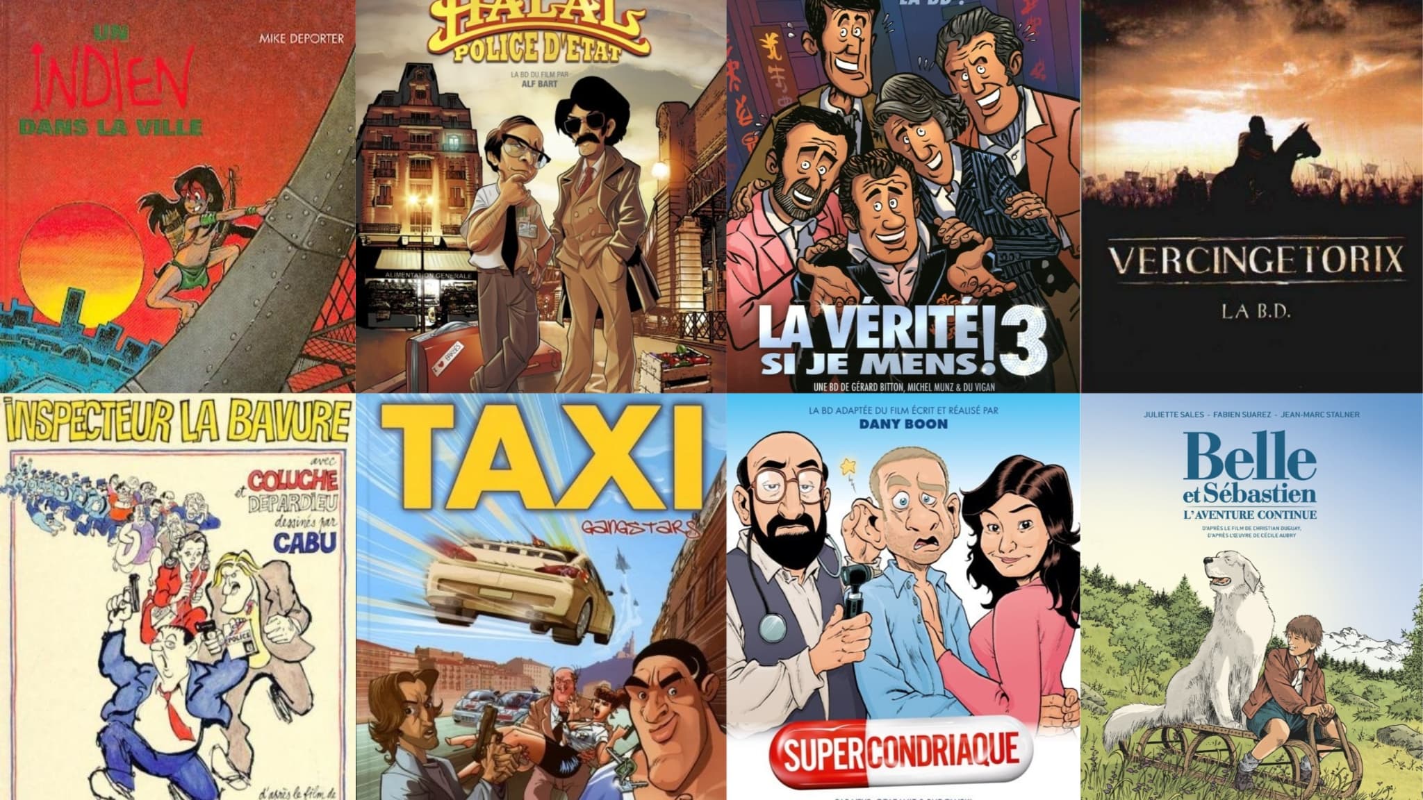 Les couvertures des albums "Un indien dans la ville", "Halal police d'état", "La Vérité si je mens! 3", "Vercingétorix", "Inspecteur la Bavure", "Taxi Gangstars", "Supercondriaque" et "Belle et Sébastien"