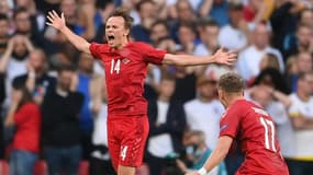 L'attaquant danois Mikkel Damsgaard célèbre son but contre l'Angleterre en demi-finale de l'Euro le 7 juillet 2021