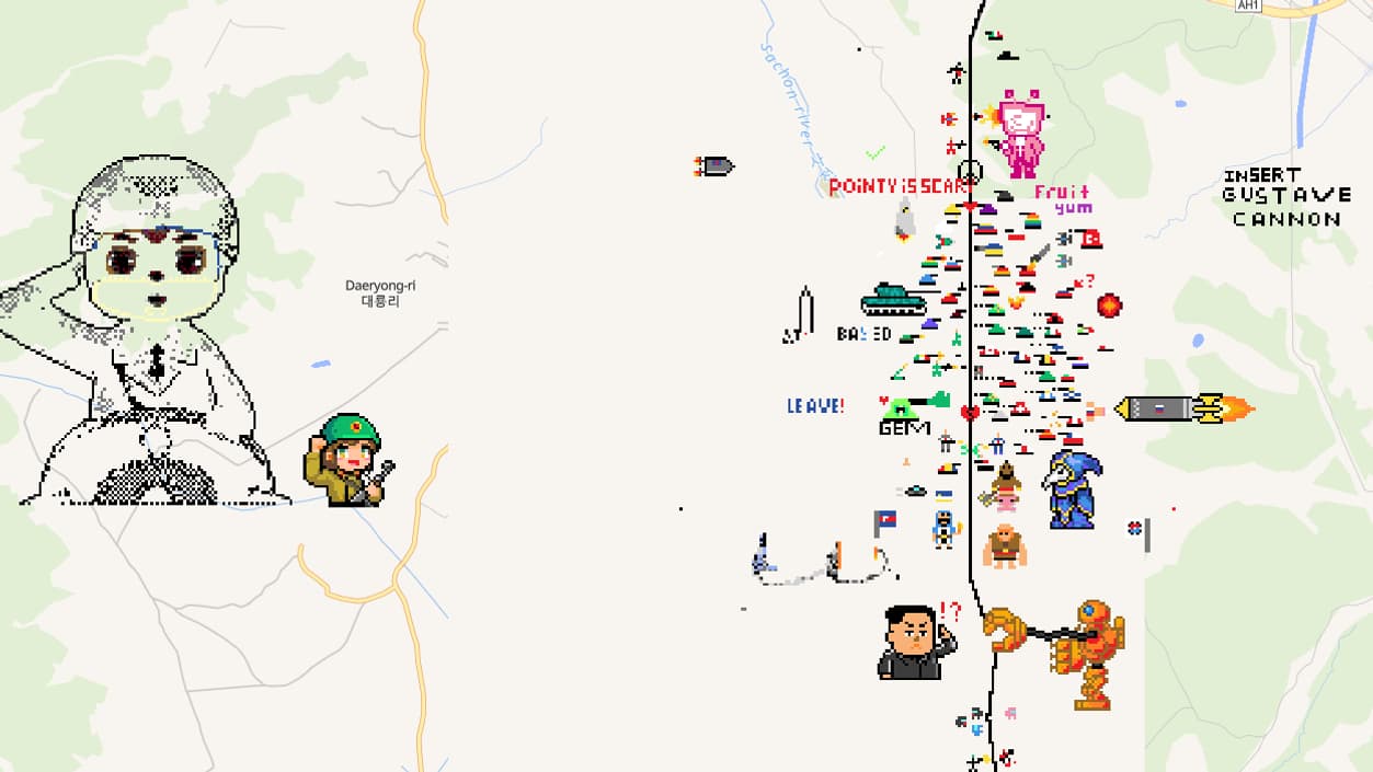 La "Pixel War" mondiale de Wplace.live (ici, la frontière entre la Corée du Sud et la Corée du Nord)