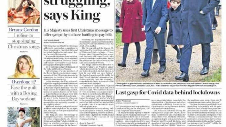 La Une du Daily Telegraph du 26 décembre 2022 La Une du Daily Telegraph du 26 décembre 2022