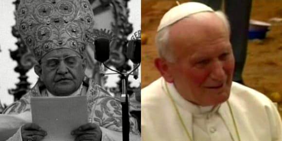 Le pape Jean XXIII (g.), qui a exercé cette fonction entre 1958 et 1963 et son successeur Jean-Paul II, pape entre 1978 et 2005.