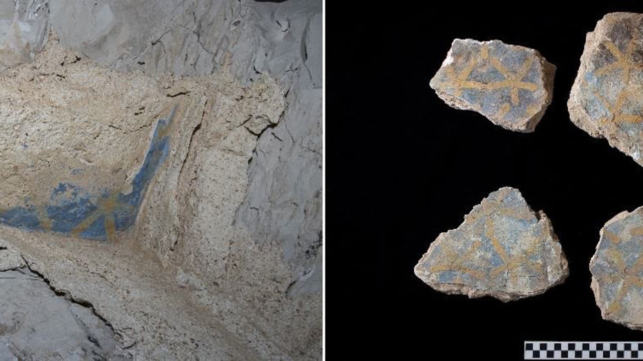 Des images du plafond bleu recouvert d'étoiles découvert lors des fouilles archéologiques qui ont permis de trouver la tombe du roi Thoutmosis II à Louxor, dans le sud de l'Égypte Des images du plafond bleu recouvert d'étoiles découvert lors des fouilles archéologiques qui ont permis de trouver la tombe du roi Thoutmosis II à Louxor, dans le sud de l'Égypte