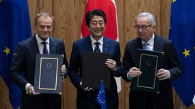 Donald Tusk, Shinzo Abe et Jean-Claude Juncker