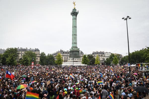 Des participants to the marche des fiertés met at the place de la Bastille, in Paris, on June 25, 2022.